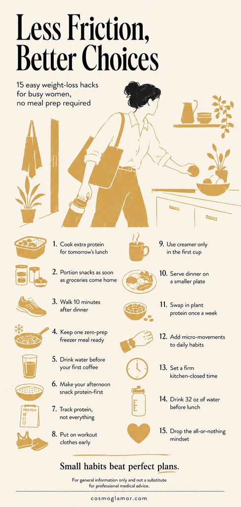 Editorial illustration summarizing 15 easy weight loss hacks for busy women, with a woman grabbing a quick healthy snack and simple habit tips for protein, water, walking, snacks, and portion control.