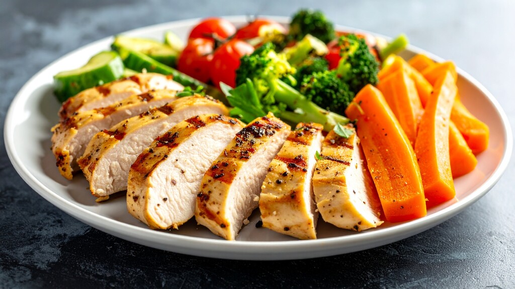 Grilled chicken breast served with carrots, broccoli, cucumbers, and tomatoes for a healthy high-protein meal.