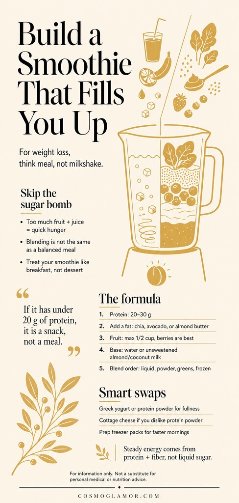 Editorial illustration showing a balanced weight loss smoothie formula with a blender, protein, fiber, healthy fats, limited fruit, and smart ingredient swaps for lasting fullness.