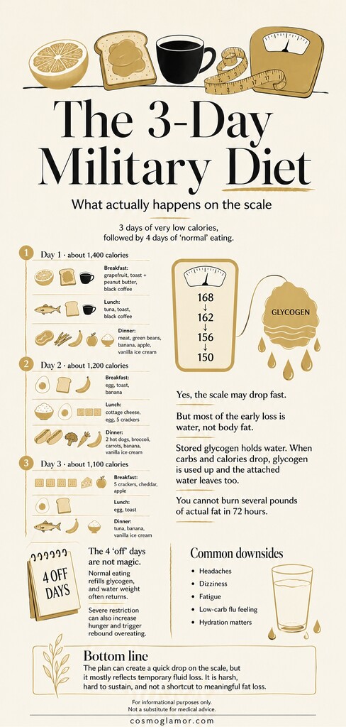 Editorial infographic explaining the 3-Day Military Diet meal plan, why early scale drops are mostly water weight, and common downsides like hunger, fatigue, dizziness, and rebound weight gain.