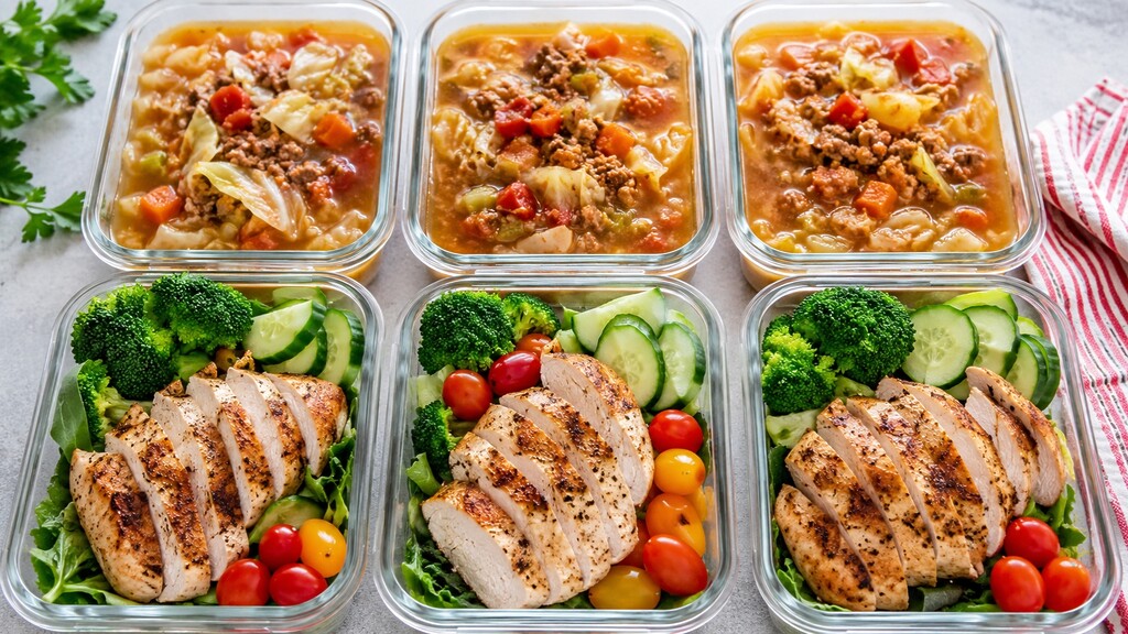 Glass meal prep containers with cabbage soup, grilled chicken, broccoli, cucumber, and cherry tomatoes for a healthy 7-day soup diet plan.