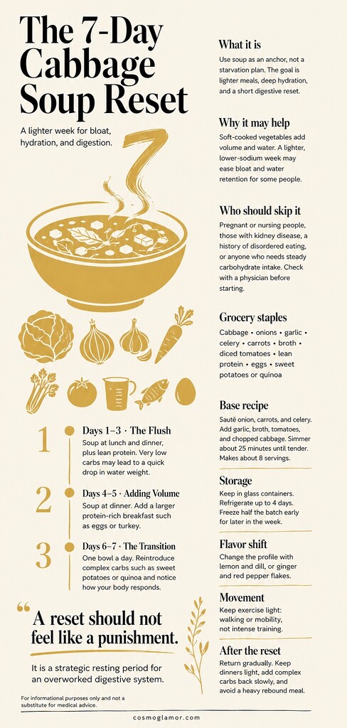 Editorial illustration of a 7-day cabbage soup reset guide, showing a bowl of cabbage soup with simple ingredient icons, day-by-day plan notes, storage tips, and a medical disclaimer.
