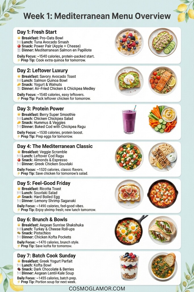 Week 1 menu visual for the Mediterranean Diet Meal Plan