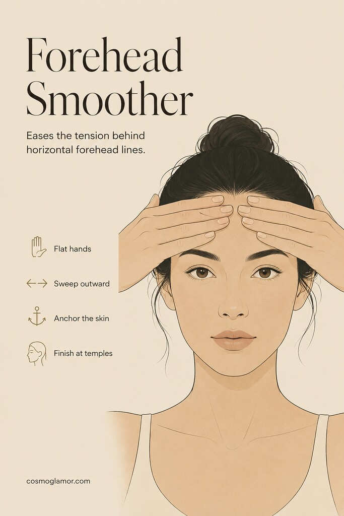 Hands sweeping outward across the forehead in a face yoga forehead smoother exercise to reduce visible forehead tension.
