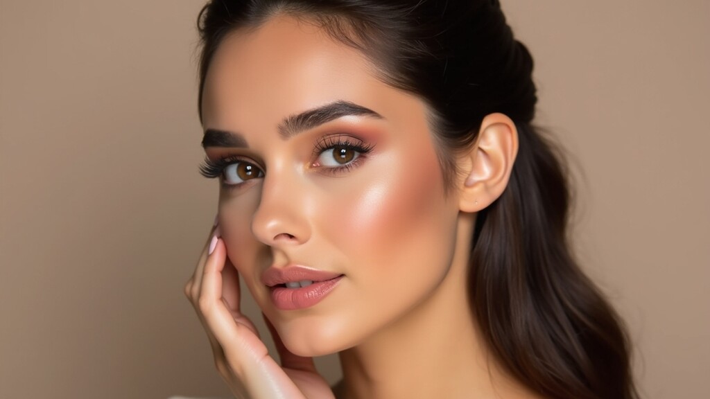 Close-up portrait of a woman with polished date night makeup, soft blush, defined eyes, and glossy lips.