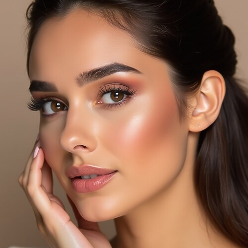 Close-up portrait of a woman with polished date night makeup, soft blush, defined eyes, and glossy lips.