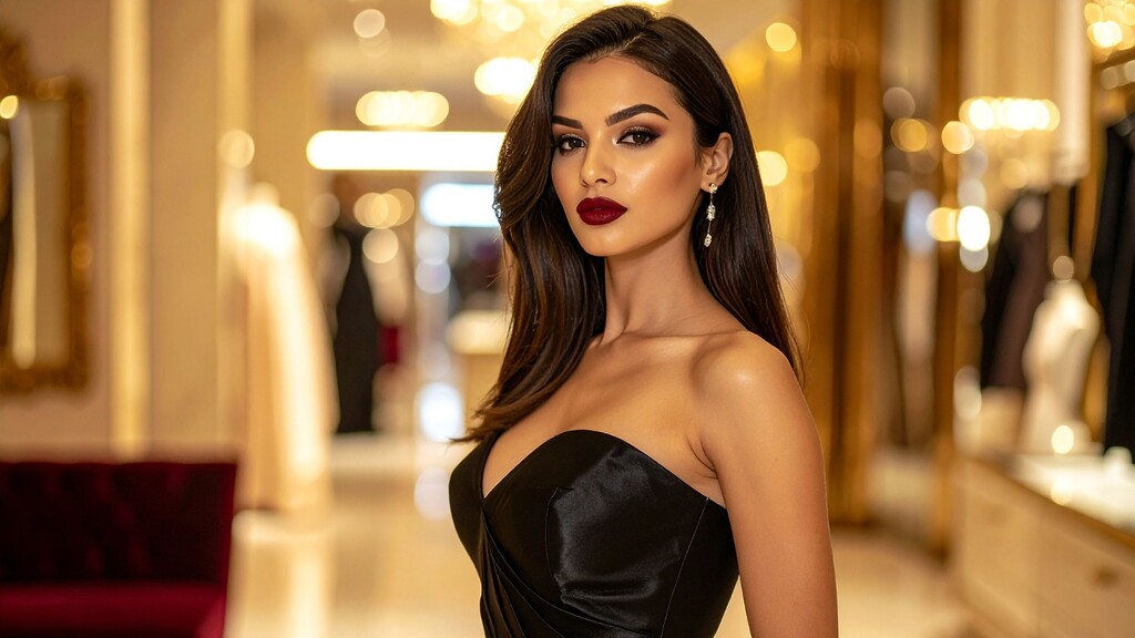 Glamorous woman in a black evening dress with bold red lipstick and polished date night makeup under warm vanity lights.