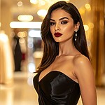 Glamorous woman in a black evening dress with bold red lipstick and polished date night makeup under warm vanity lights.