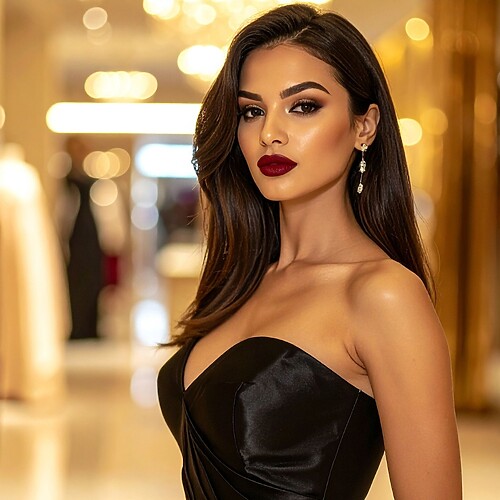 Glamorous woman in a black evening dress with bold red lipstick and polished date night makeup under warm vanity lights.