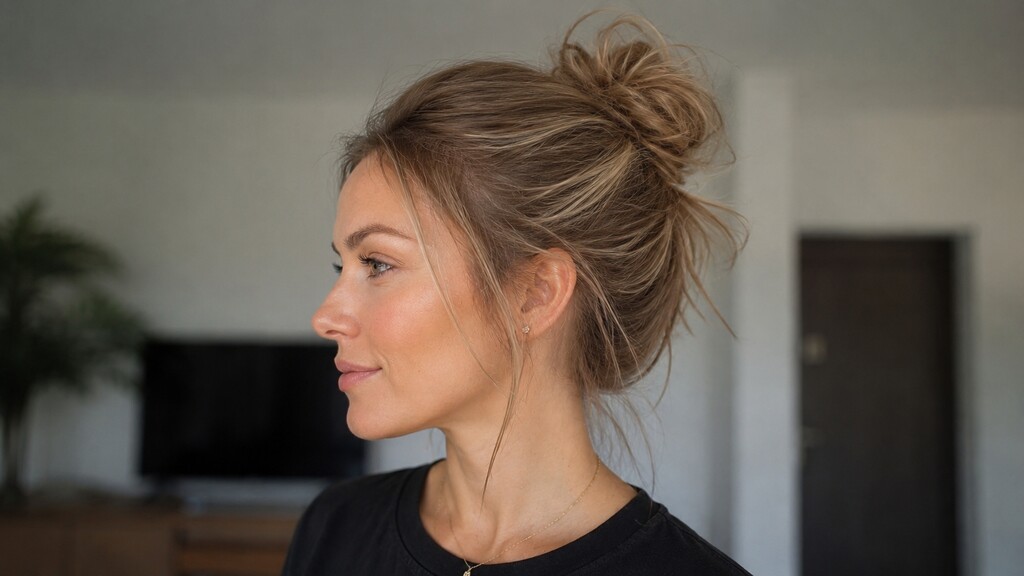 Woman with fine hair wearing a loose textured messy bun with soft face-framing pieces for added volume.