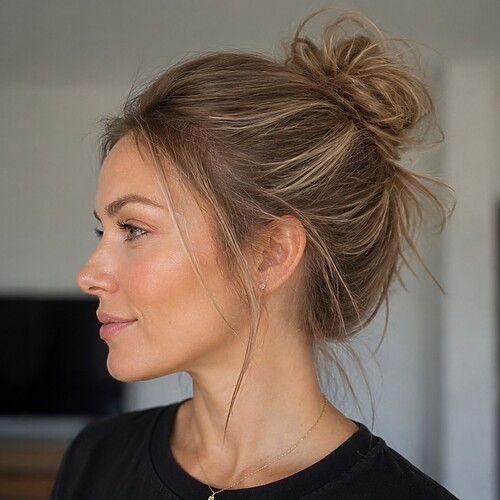 Woman with fine hair wearing a loose textured messy bun with soft face-framing pieces for added volume.