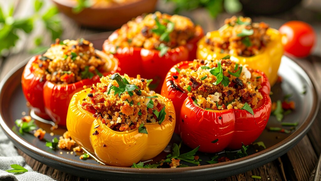 Stuffed red and yellow bell peppers topped with herbs on a serving plate.