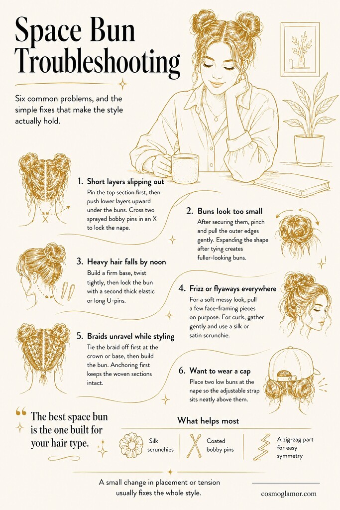 Space bun troubleshooting guide showing six common styling problems and fixes, including slipping short layers, small buns, heavy hair, flyaways, unraveling braids, and cap-friendly low buns.