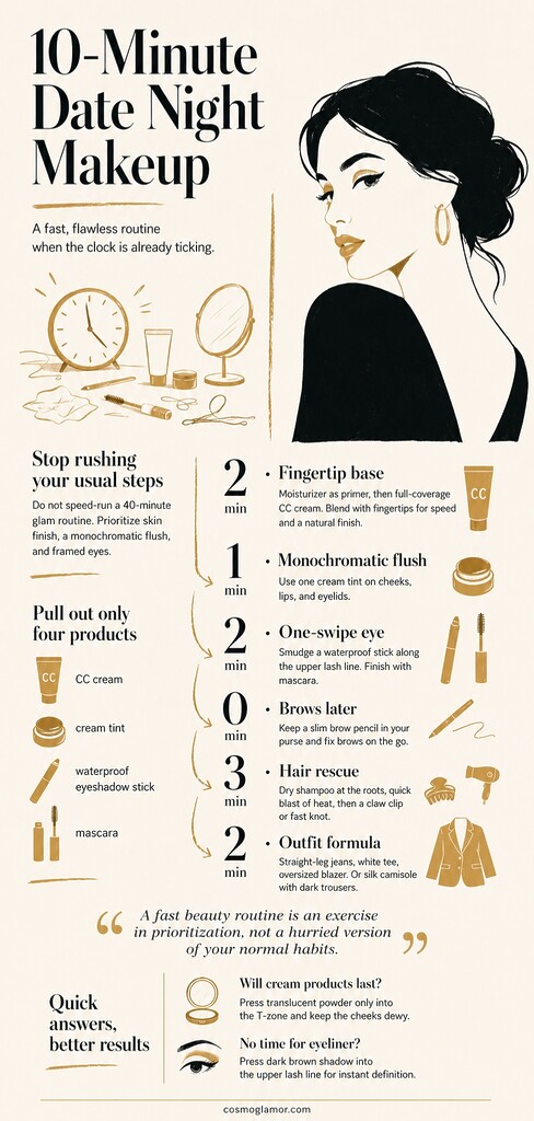 Editorial illustrated guide to a 10-minute date night makeup routine with a clock, vanity essentials, timed beauty steps, hair rescue, outfit formula, and quick makeup fixes.