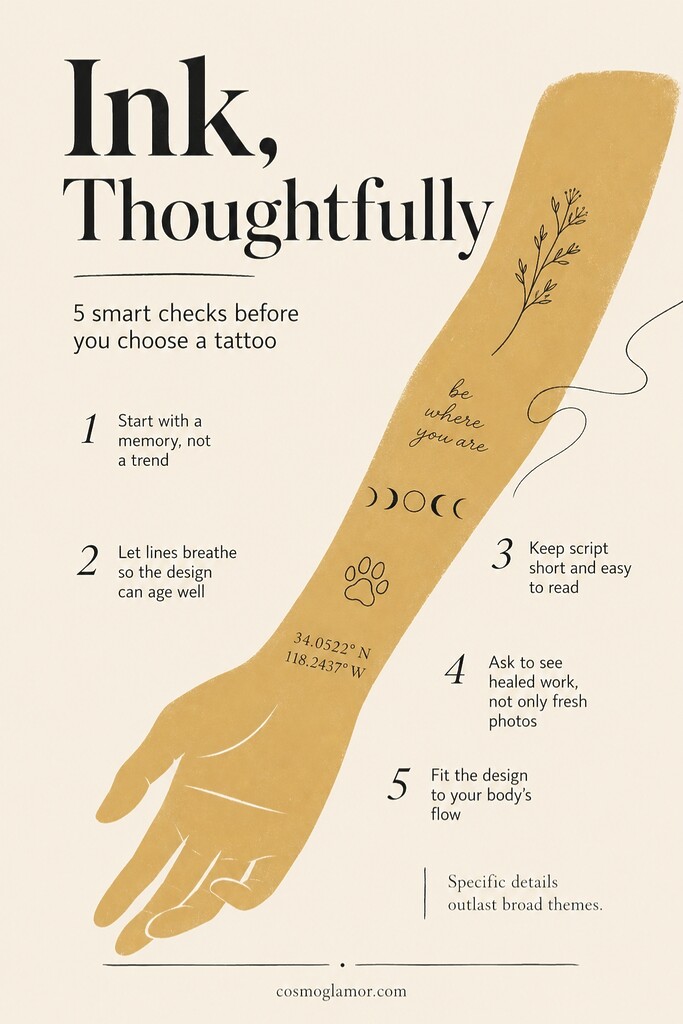 Editorial illustration of a gold-toned forearm with minimalist tattoo symbols and five practical checks for choosing a meaningful tattoo.