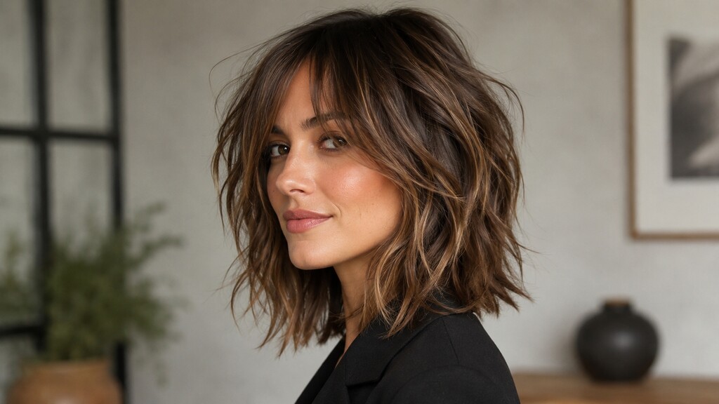 Woman with a layered mid-length wavy haircut, curtain bangs, and soft textured movement.