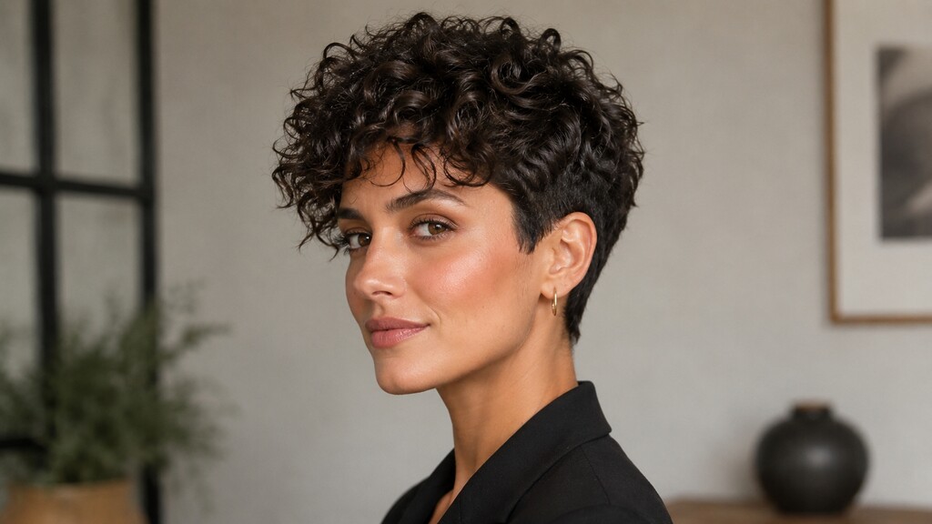 Woman with a defined curly pixie cut, tapered sides, and voluminous curls on top.