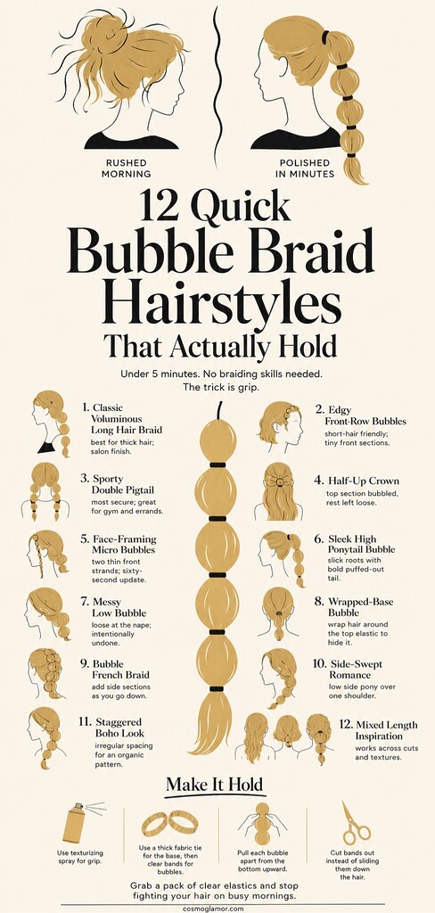 Editorial infographic showing 12 quick bubble braid hairstyles, from classic long hair and sporty pigtails to half-up, sleek ponytail, side-swept, and boho variations, with tips for making the style hold.