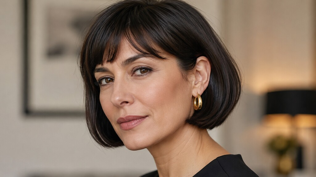 Mature woman with a chin-length dark bob, soft wispy bangs, and rounded face-framing shape.