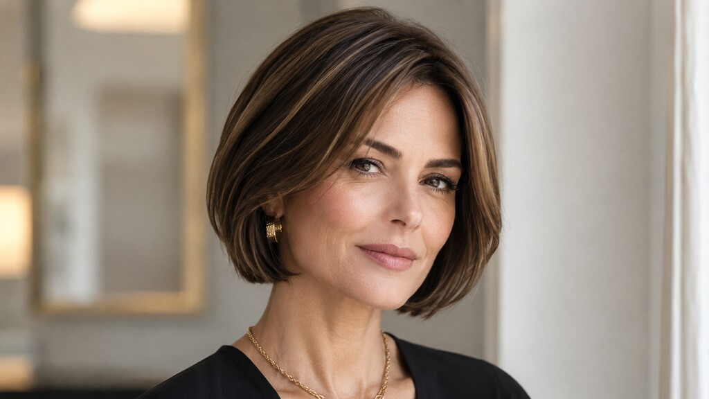 Mature woman with a chin-length layered bob, deep side part, and soft face-framing volume.