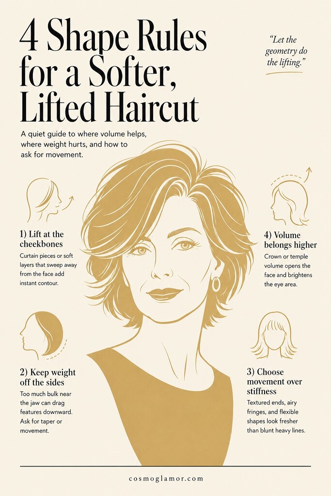 Editorial illustration of a mature woman with a lifted layered haircut, surrounded by four shape rules for softer face-framing volume and movement.