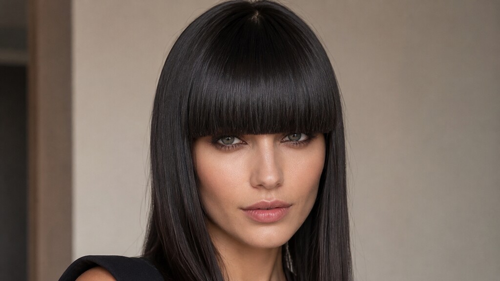 Woman with sleek straight hair and bold blunt bangs cut just below the eyebrows.