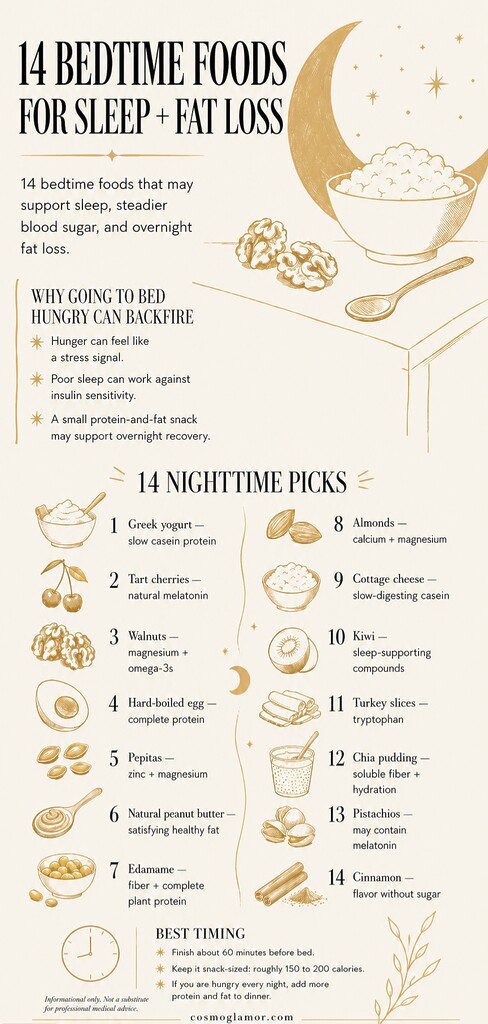 Editorial infographic titled “14 Bedtime Foods for Sleep + Fat Loss,” showing a crescent moon, a bowl of cottage cheese with walnuts, and a numbered list of nighttime snacks including Greek yogurt, cherries, eggs, nuts, kiwi, chia pudding, and cinnamon.