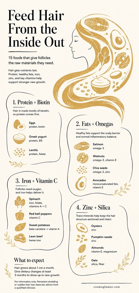 Editorial illustration of foods that support healthy hair, with a woman’s flowing hair formed from salmon, eggs, yogurt, lentils, avocado, walnuts, spinach, peppers, seeds, almonds, oats, and other nutrient-rich foods.