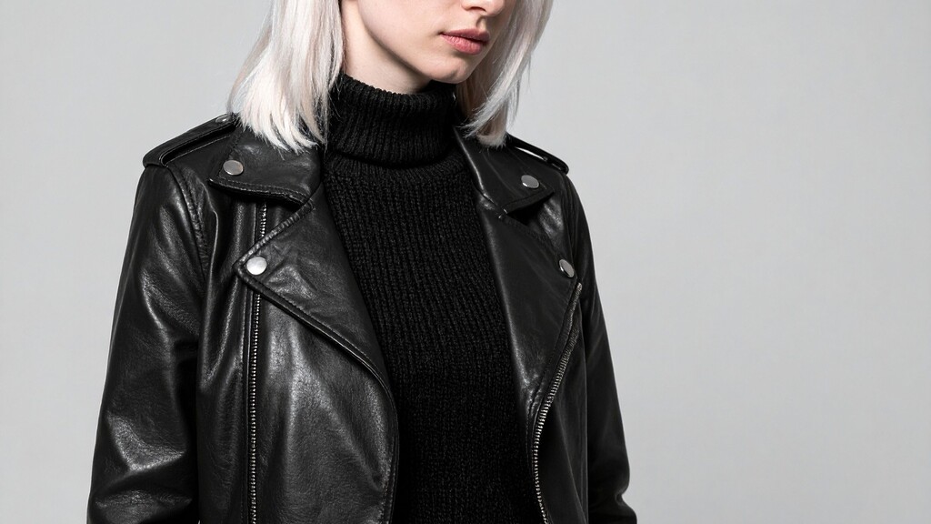 Black turtleneck styled under a black leather jacket for a sleek minimalist look.