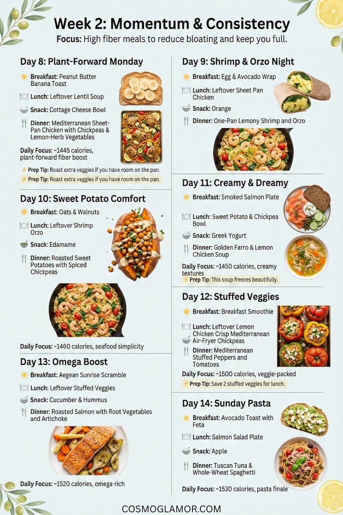 Week 2 menu visual for the Mediterranean Diet Meal Plan
