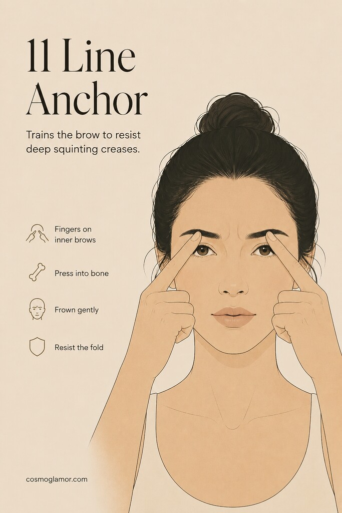 Index fingers pressing between the eyebrows while resisting a frown in a face yoga exercise for 11 lines.