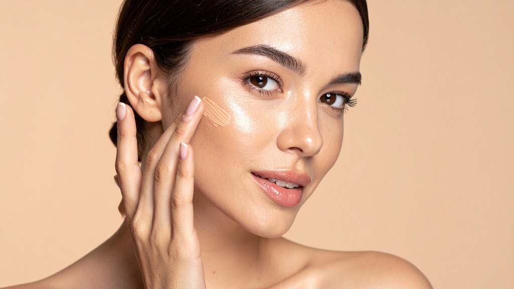Close-up of a woman blending foundation onto her cheek with her fingers for a smooth, skin-like makeup finish.