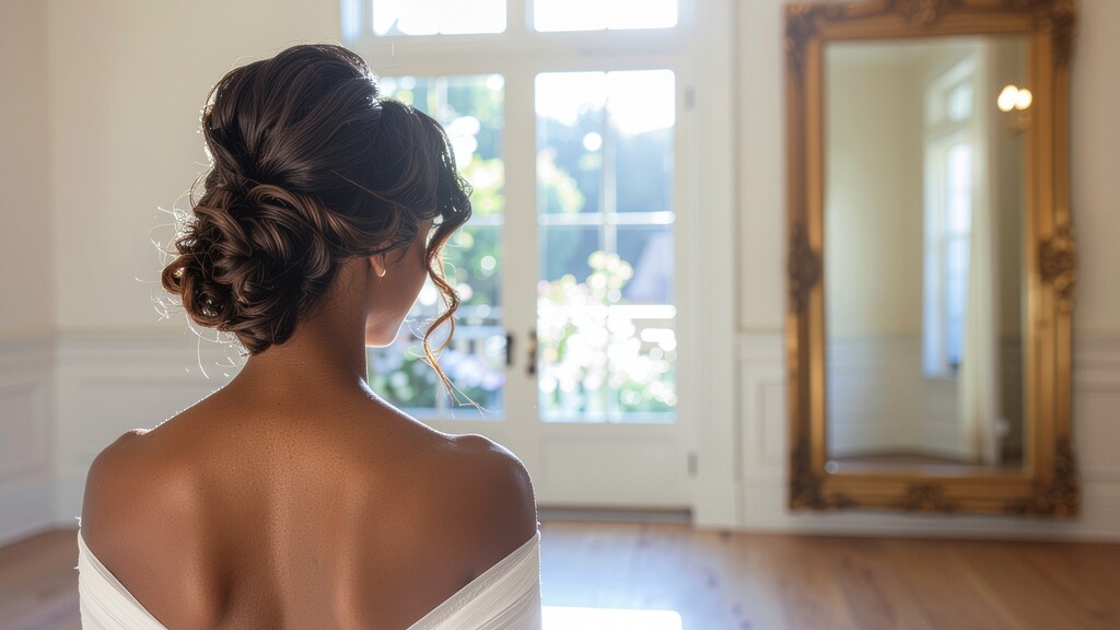 Elegant low updo hairstyle from behind, with the hair ends tucked neatly into a soft romantic bun.
