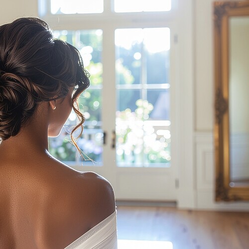 Woman in a white off-shoulder dress showing a romantic low curly bun hairstyle in a bright dressing room.