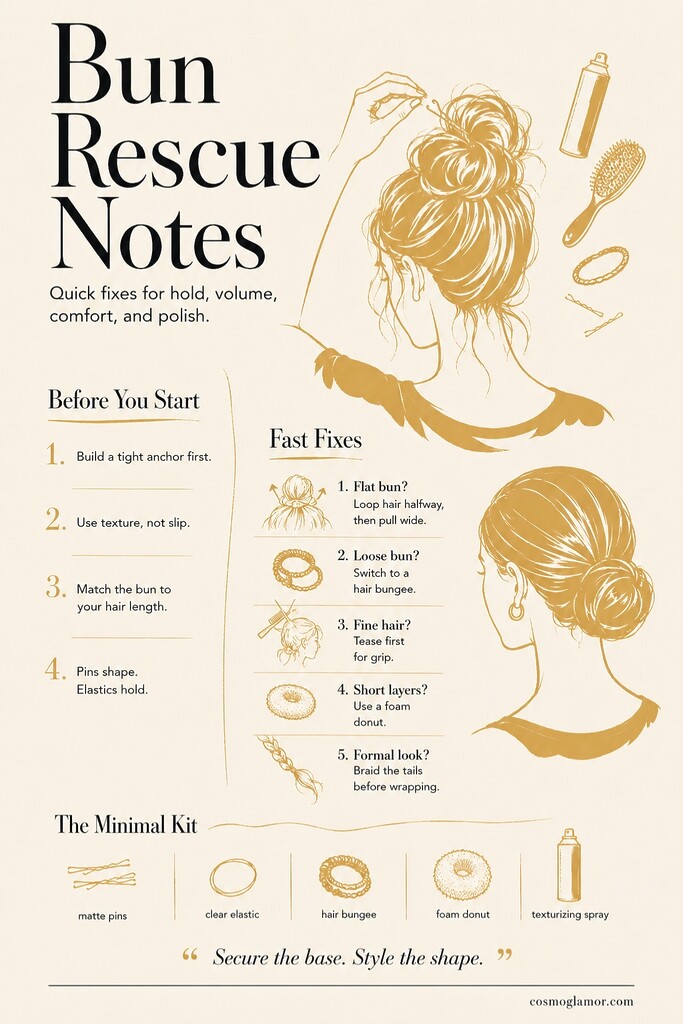 Editorial bun hairstyle guide showing quick fixes for hold, volume, comfort, and polish with illustrated hair tools and styling tips.