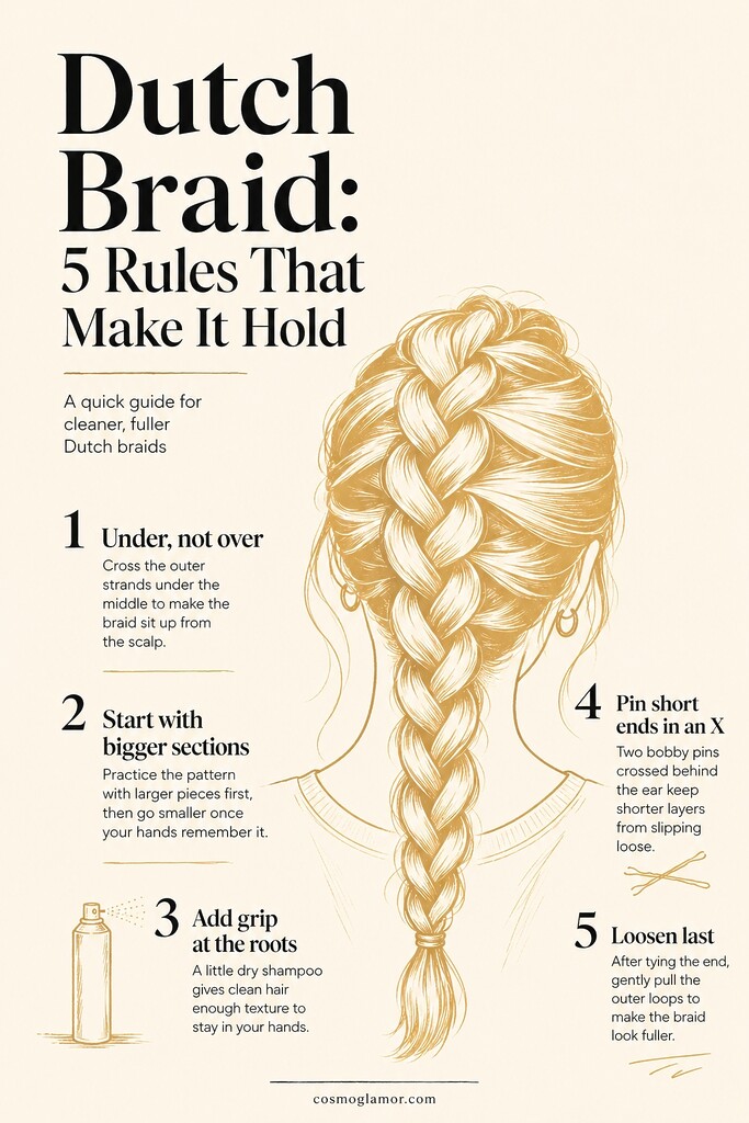 Editorial illustration of a Dutch braid guide with five practical tips for making the braid hold, including underhand weaving, dry shampoo grip, crossed bobby pins, and loosening the outer loops.
