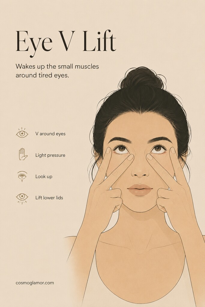 V-shaped fingers placed around the eyes while looking upward to isolate the lower eyelid muscles.