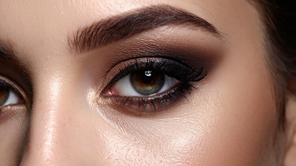 Close-up of brown smokey eye makeup with blended shadow, black liner, full lashes, and glowing skin