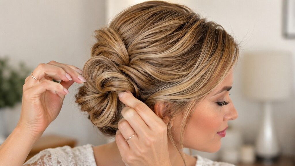 Close-up of a woman gently pancaking a low bun to widen the shape and make fine hair look fuller.