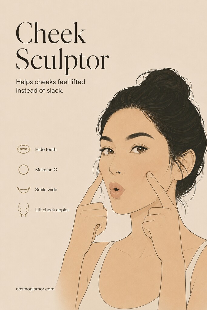 Woman making an O shape with her mouth and lifting her cheeks with her fingers in a cheek sculpting face yoga exercise.