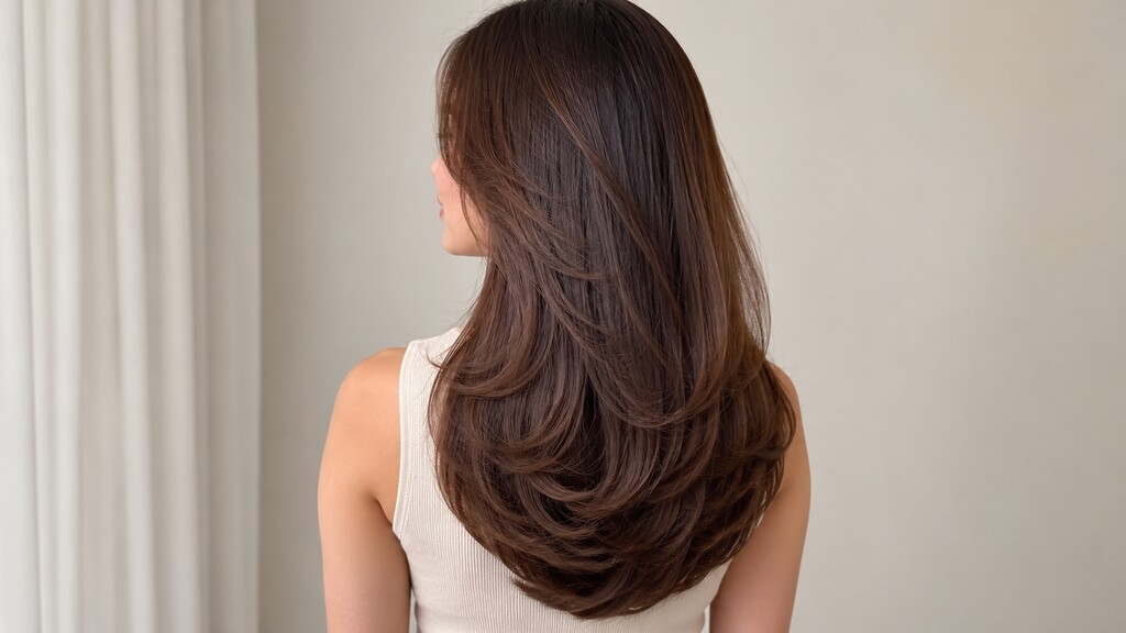 Back view of long brown hair cut in soft U-shaped layers with rounded movement at the ends.