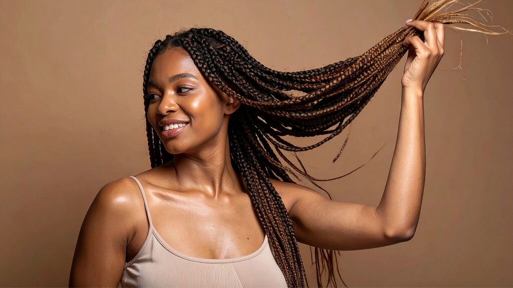 Smiling woman holding long box braids against a warm neutral background.
