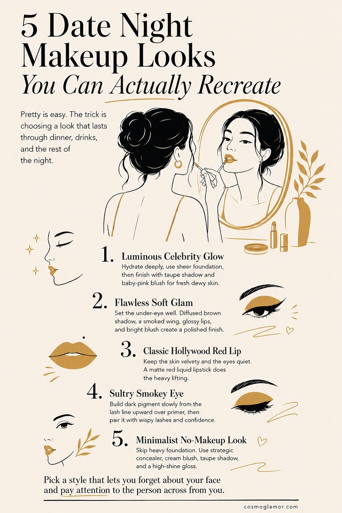 Illustrated guide to five date night makeup looks, featuring a woman applying lip tint in a mirror with tips for glow, soft glam, red lip, smokey eye, and no-makeup makeup.