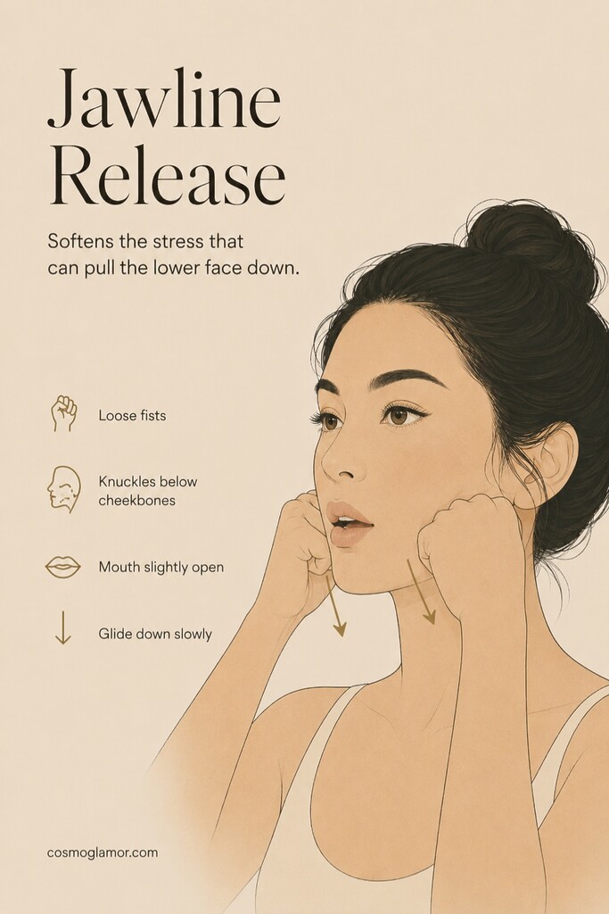 Knuckles sliding down the side of the jaw in a face yoga massage to release jaw tension.
