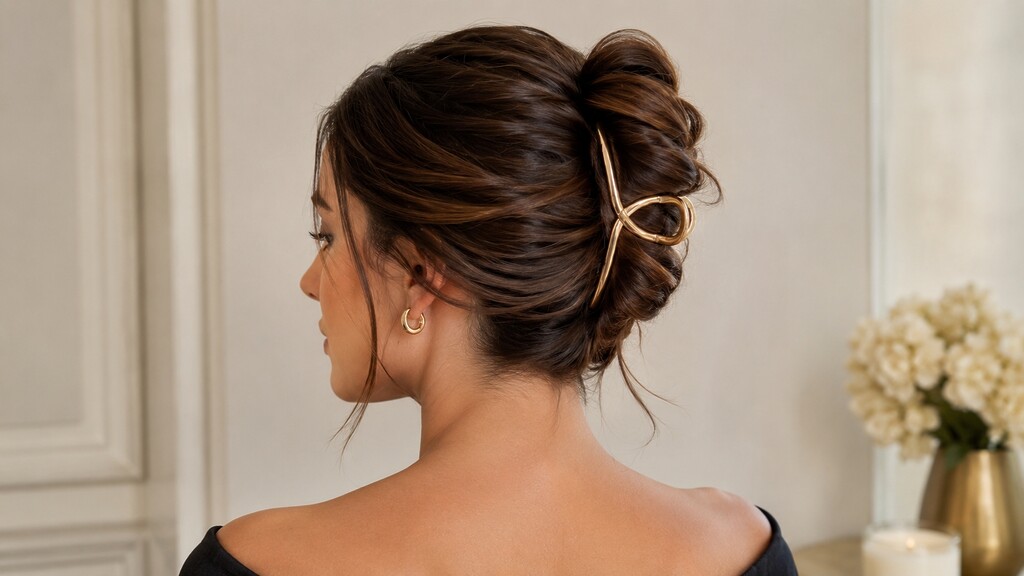 Elegant French twist hairstyle secured with a gold hair clip on brunette hair.