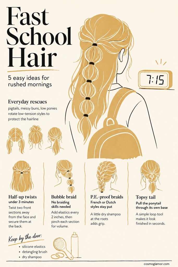 Editorial illustration of fast tween school hairstyles, including a bubble braid, half-up twists, P.E.-proof braids, topsy tail tips, and morning hair tools.