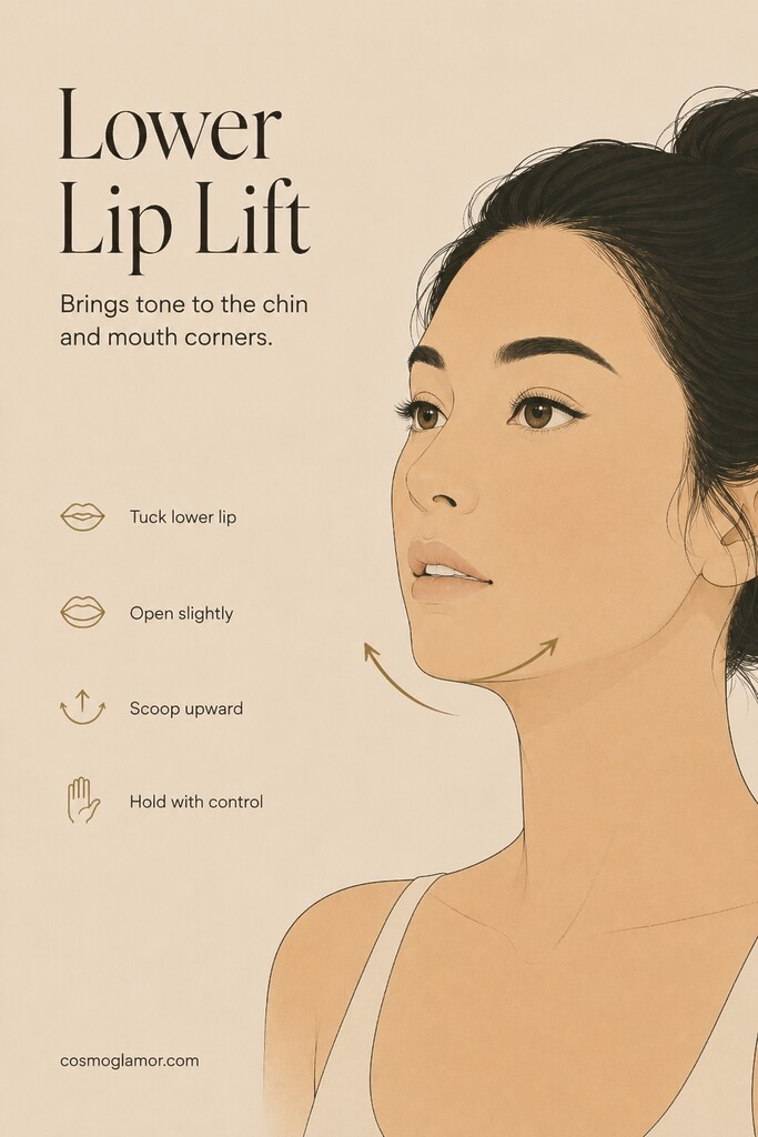 Lower lip tucked over the bottom teeth while the jaw scoops upward in a lower lip lift exercise.