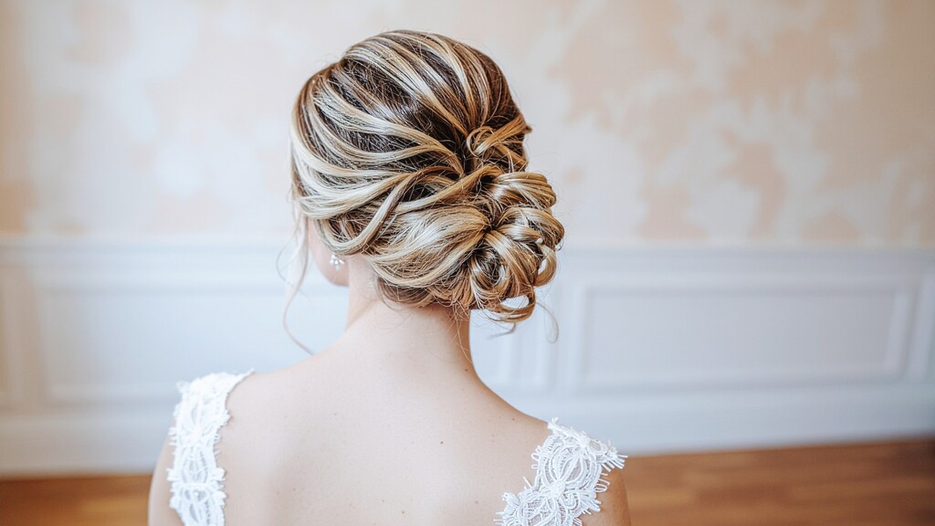 Elegant low braided updo with blonde highlights, shown from the back.