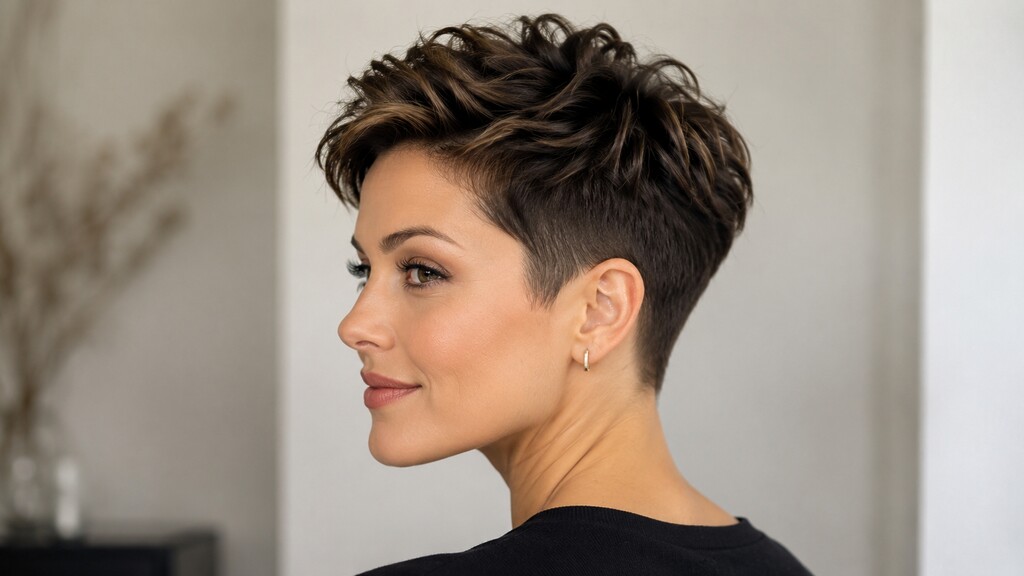 Woman with a short textured crop, tapered sides, and lifted volume through the crown.
