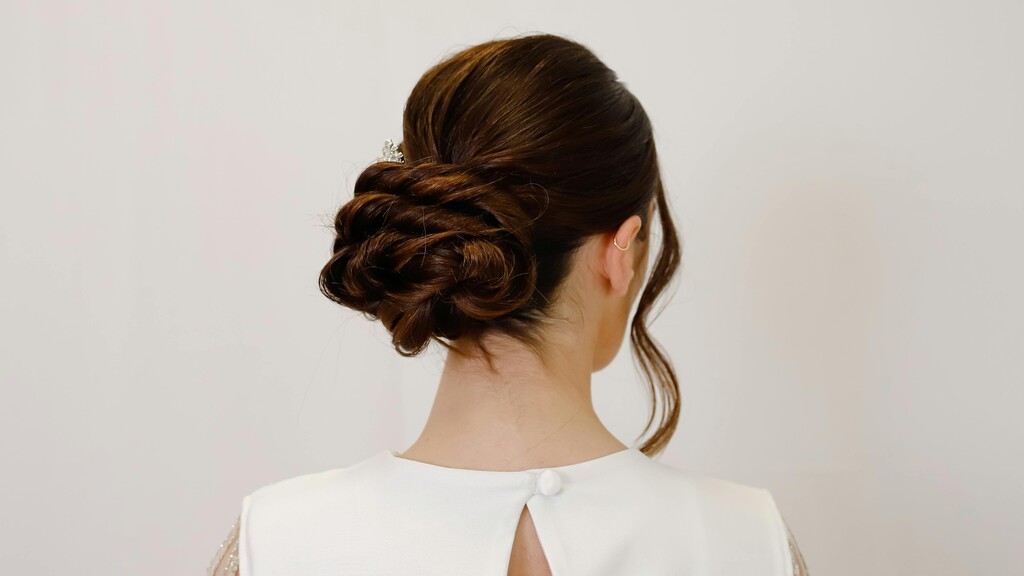 Back view of a polished low bun hairstyle with smooth, neatly styled hair.